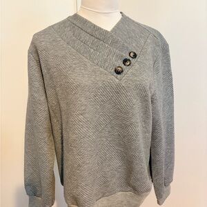 Classic Textured V-Neck Gray Sweatshirt with Button Detail